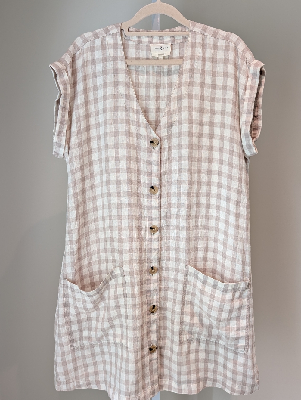 Lou & Grey Gingham Linen Shift Dress Cap Sleeves Casual Summer Cream Brown Small - Picture 2 of 13